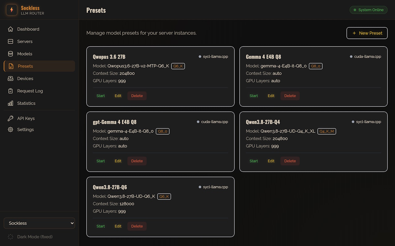 Sockless LLM Router Presets admin page