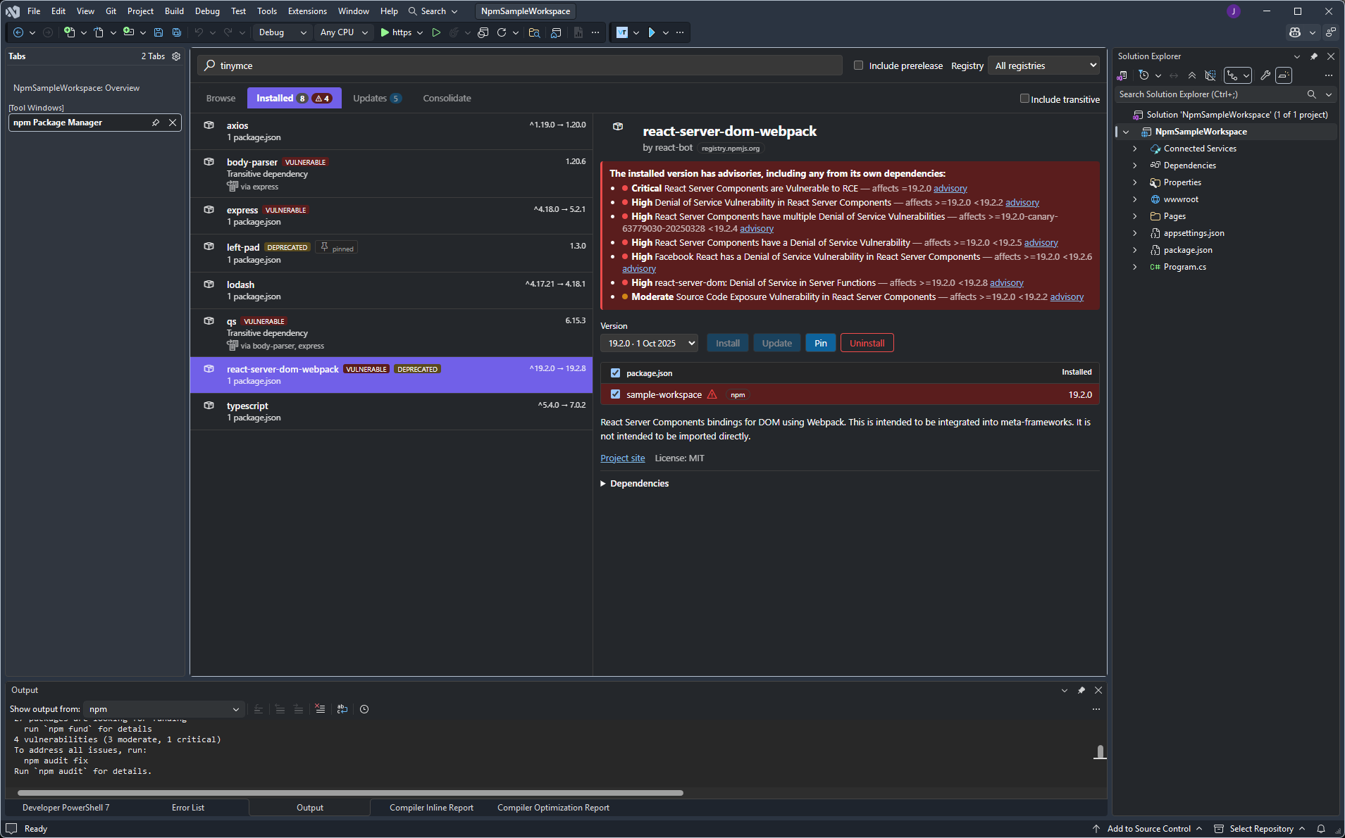 Installed tab showing a vulnerable transitive dependency's advisory chain
