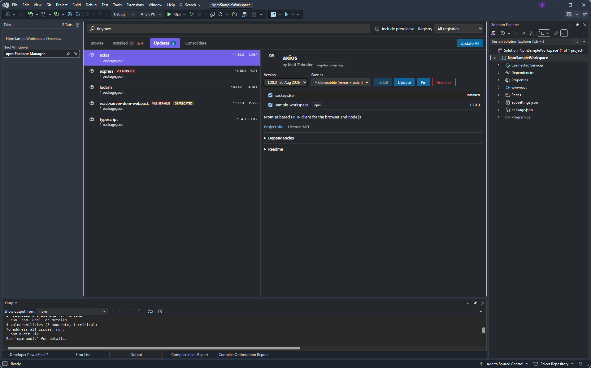 Updates tab in Visual Studio