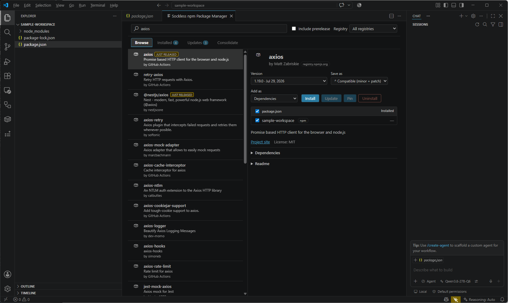 Browse: searching the npm registry with a version and dependency-type picker