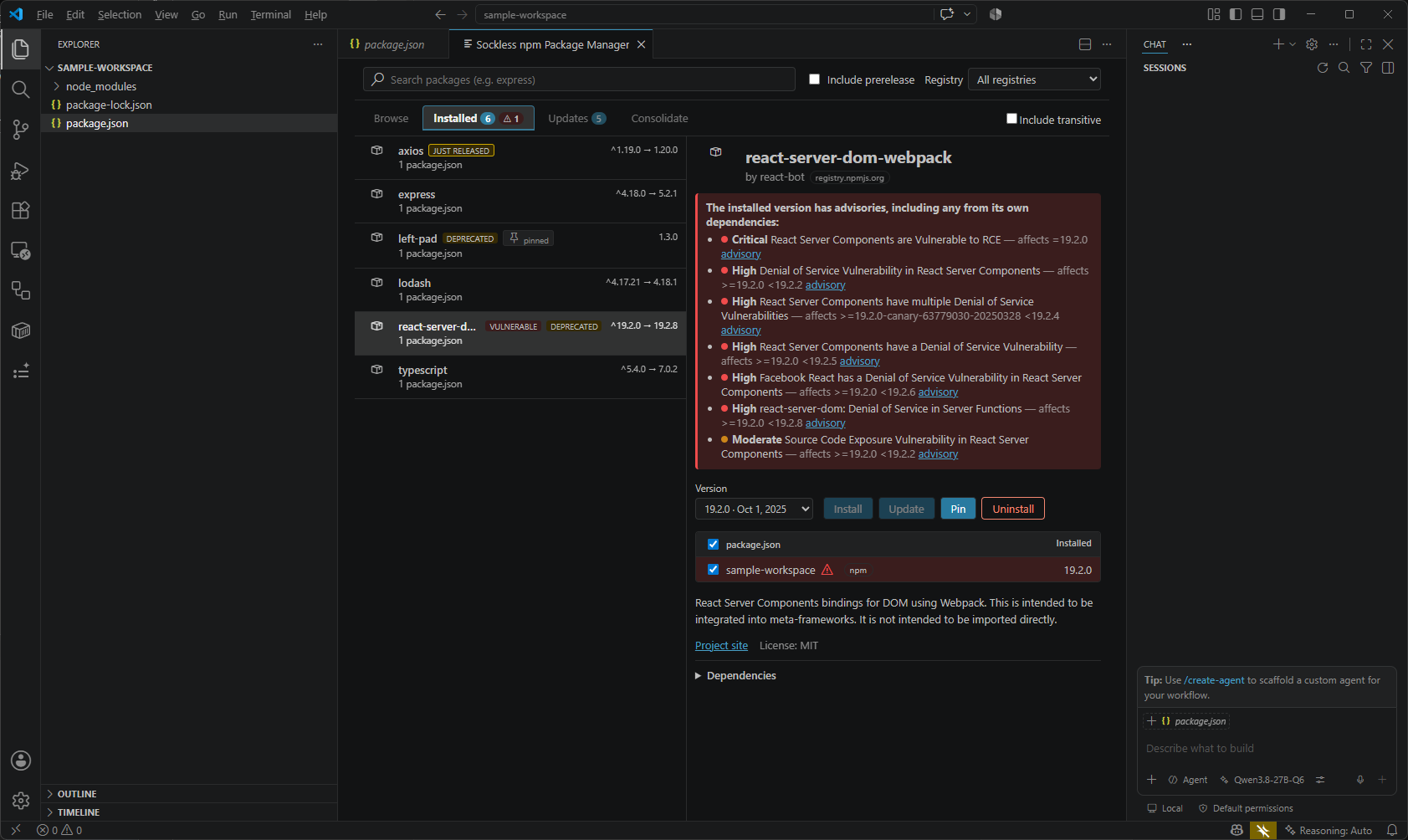Installed: a vulnerable transitive dependency resolved with its full advisory chain
