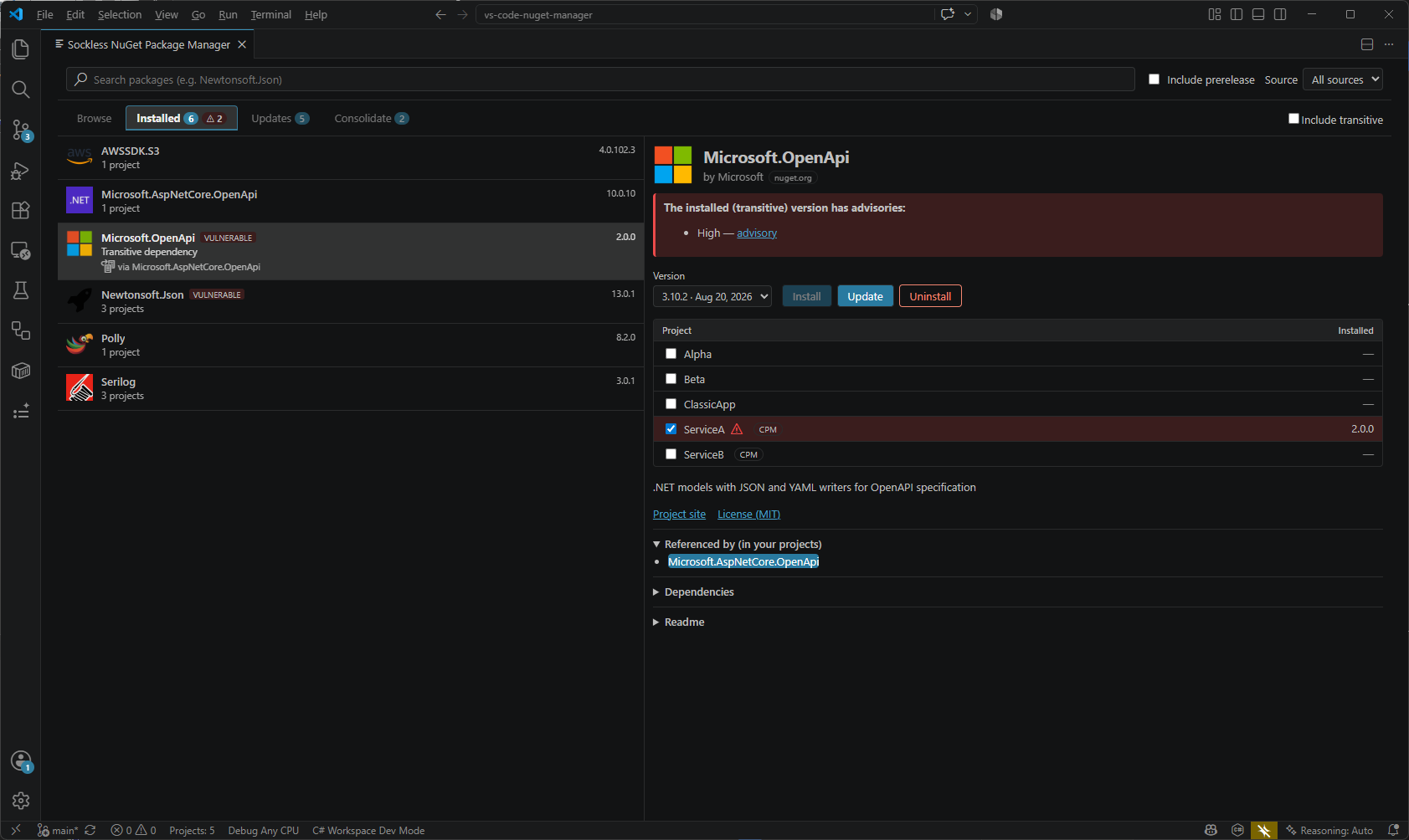 The Installed tab showing a vulnerable transitive dependency and its source