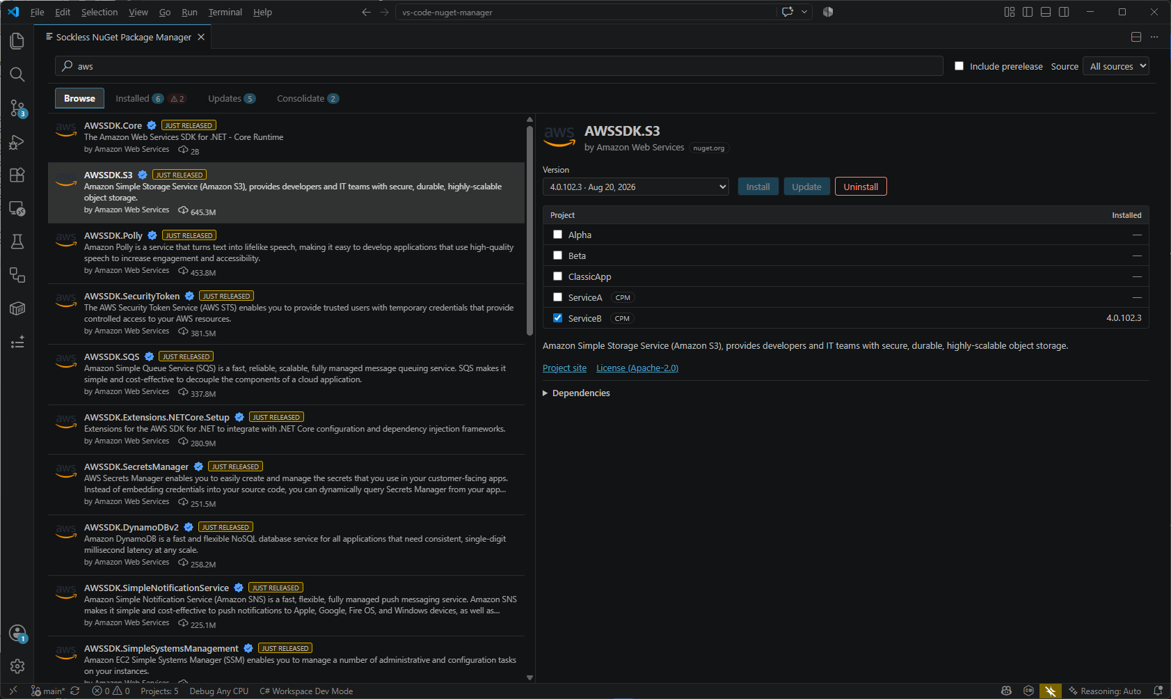 Searching for a package and installing it into selected projects