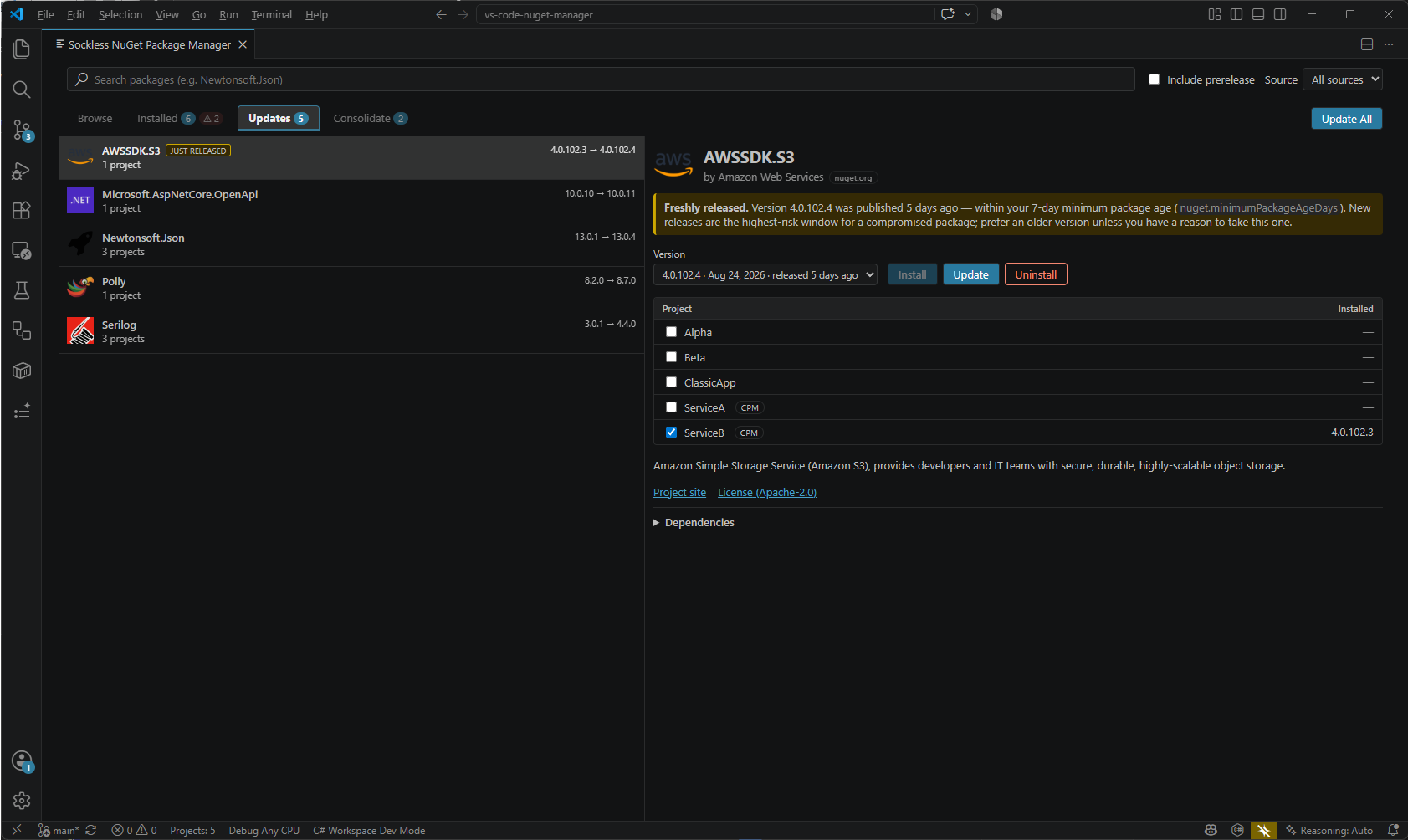 The Updates tab with a freshly-released version flagged as a supply-chain risk