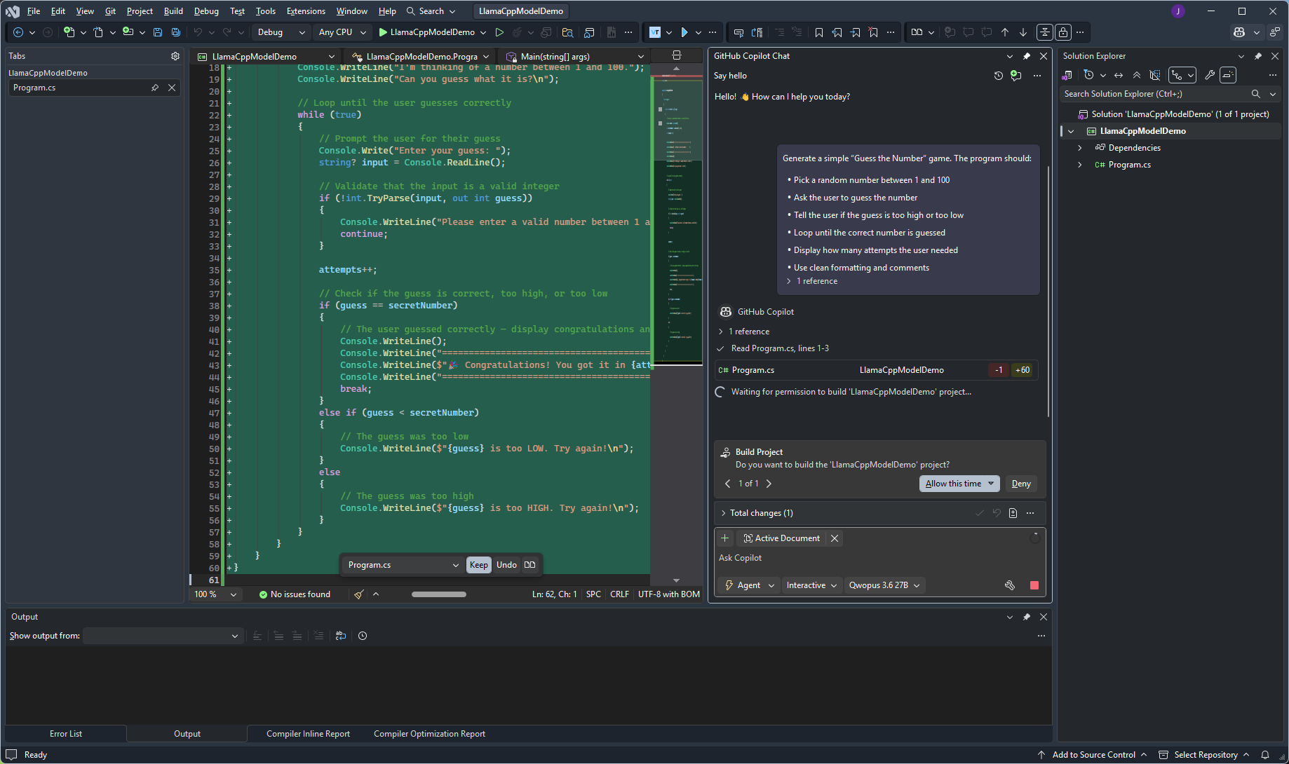 Agent editing Program.cs and requesting permission to build the project