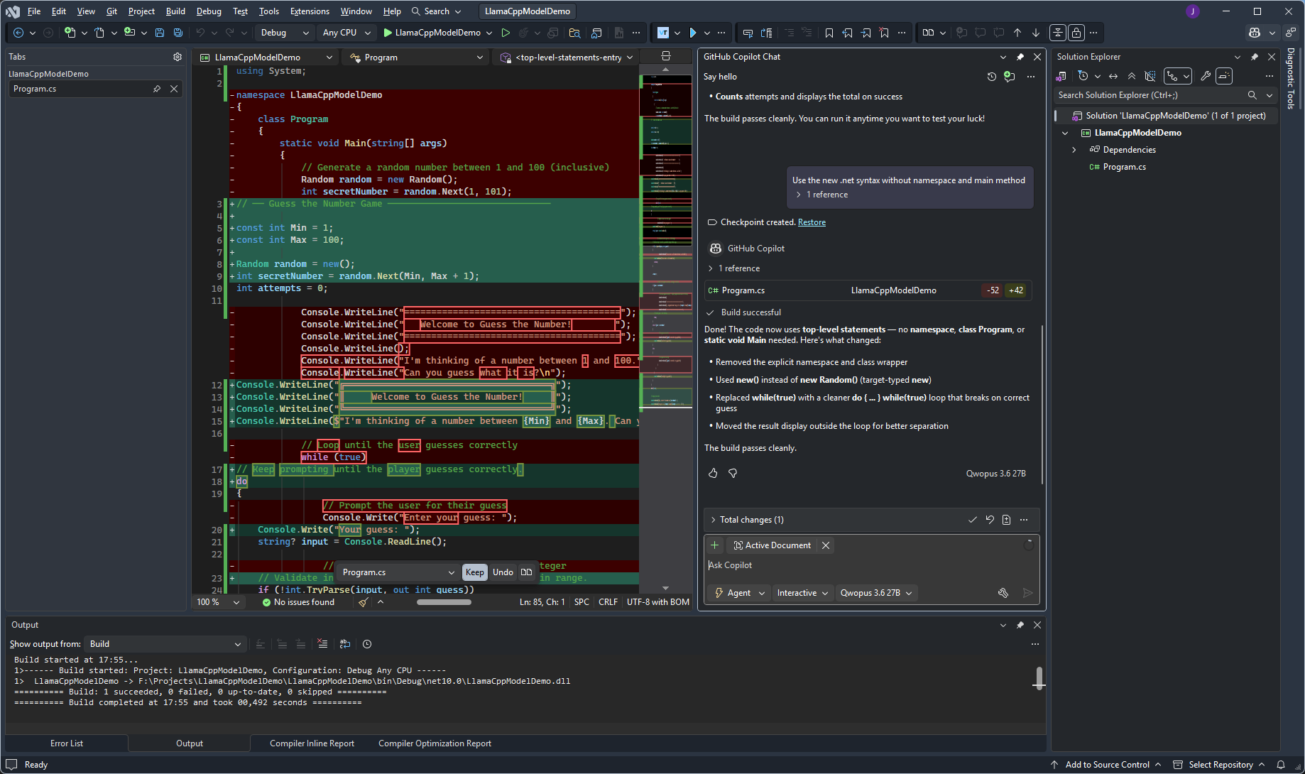 Agent refactoring the code to top-level statements after a follow-up request