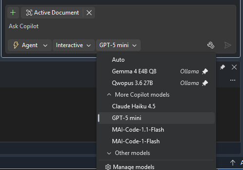 Model dropdown showing pinned local Ollama models above the cloud Copilot models