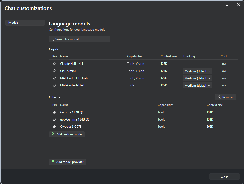Ollama section listing LLM Router presets with pin icons