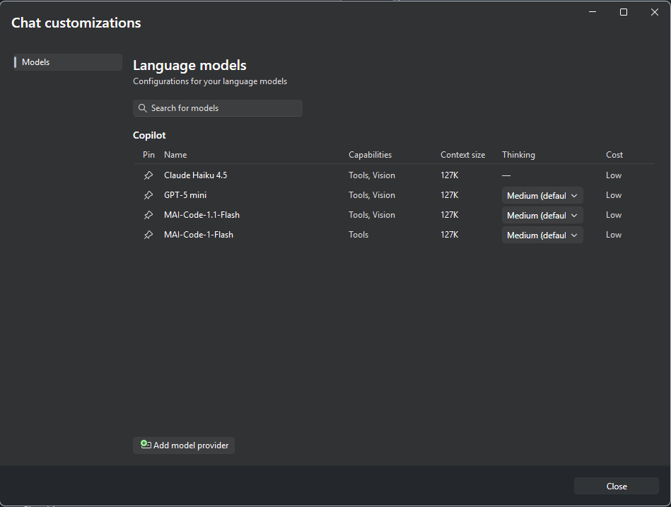 Chat customizations dialog showing the default Copilot language models
