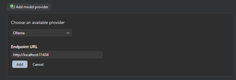 Add model provider dialog with Ollama selected as the provider