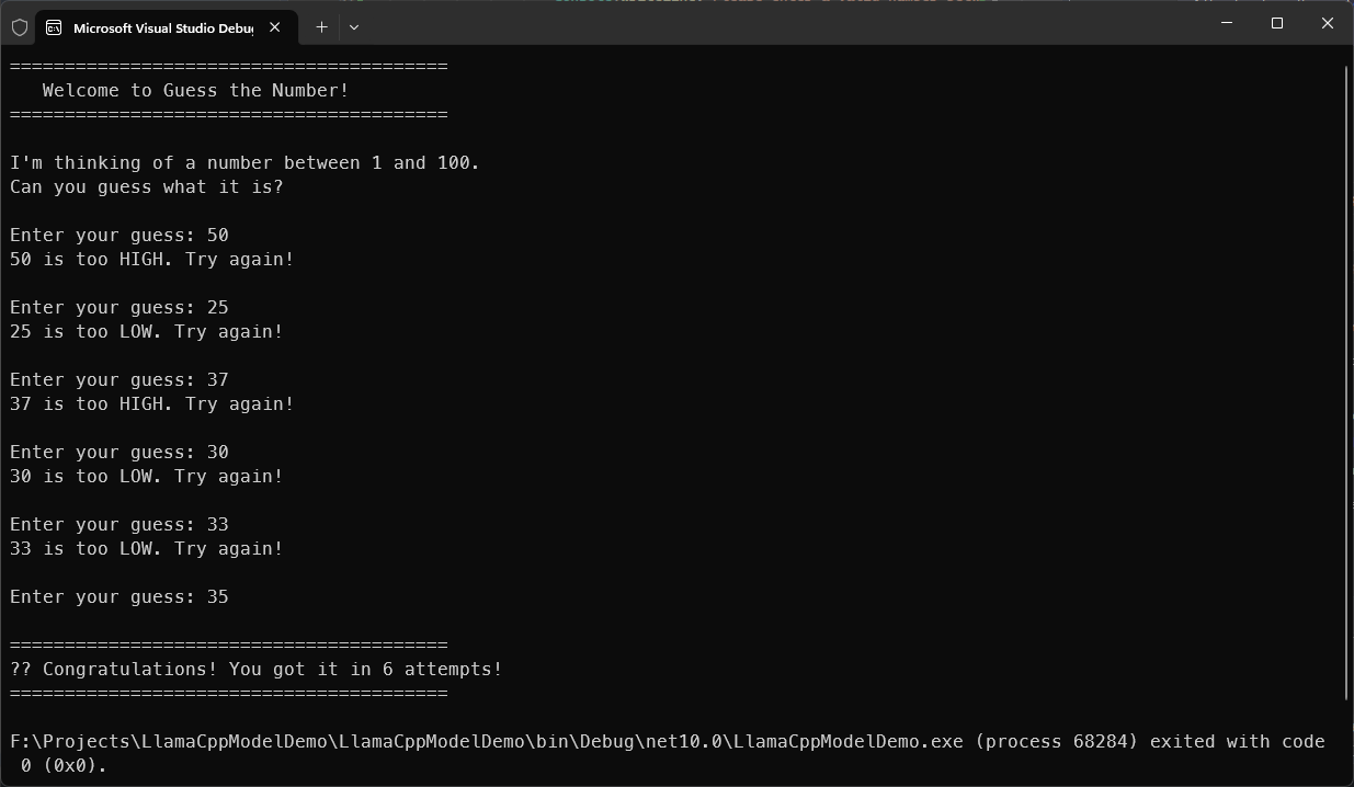 Console output of the Guess the Number game being played successfully