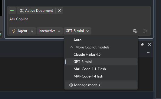 Copilot model dropdown with Manage models option highlighted