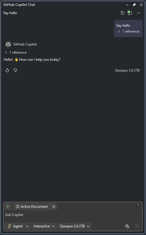 Copilot Chat responding to a test greeting using the local model