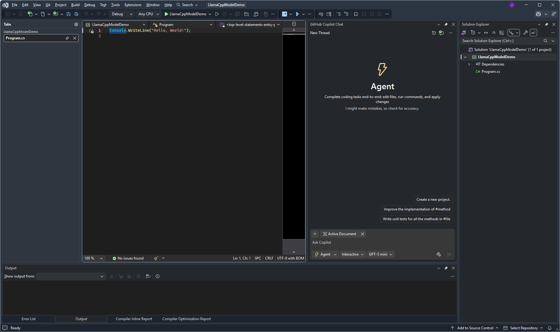 Empty Visual Studio 2026 project with GitHub Copilot Chat open in Agent mode