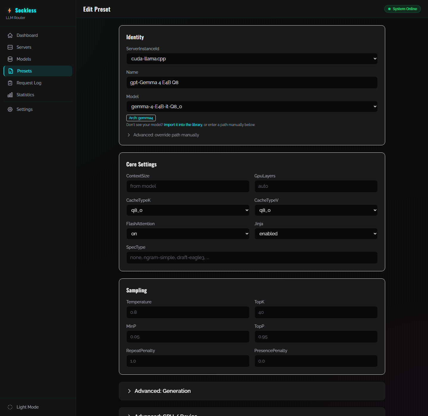 LLM Router preset editor with Name set to gpt-Gemma 4 E4B Q8 and Jinja set to enabled